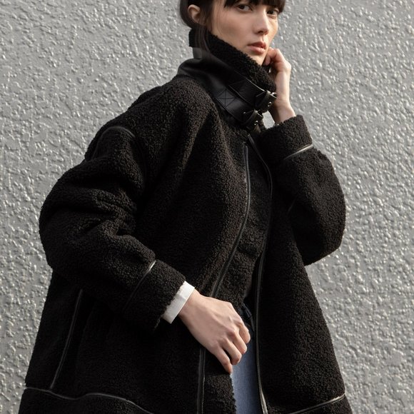 Black Sherpa Biker Jacket OAK + FORT - Picture 2 of 5